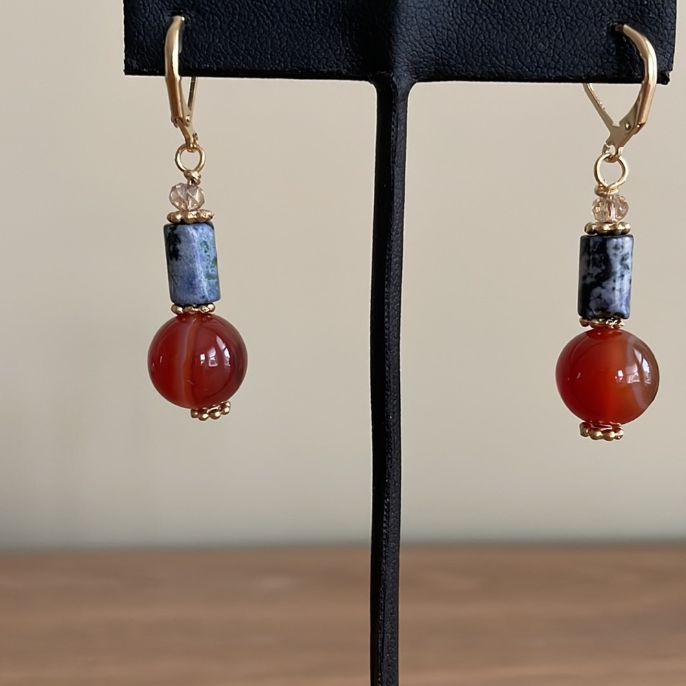 HAND CRAFTED EARRINGS Sodalite and Carnelian with Crystals - Picture 6 of 10